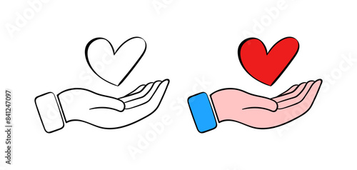 Heart Set Icons. Hand Holding Heart Icon. Linear and flat styles. Vector icons.