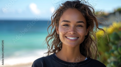 A young woman smiles brightly as the ocean breeze tousles her hair photo