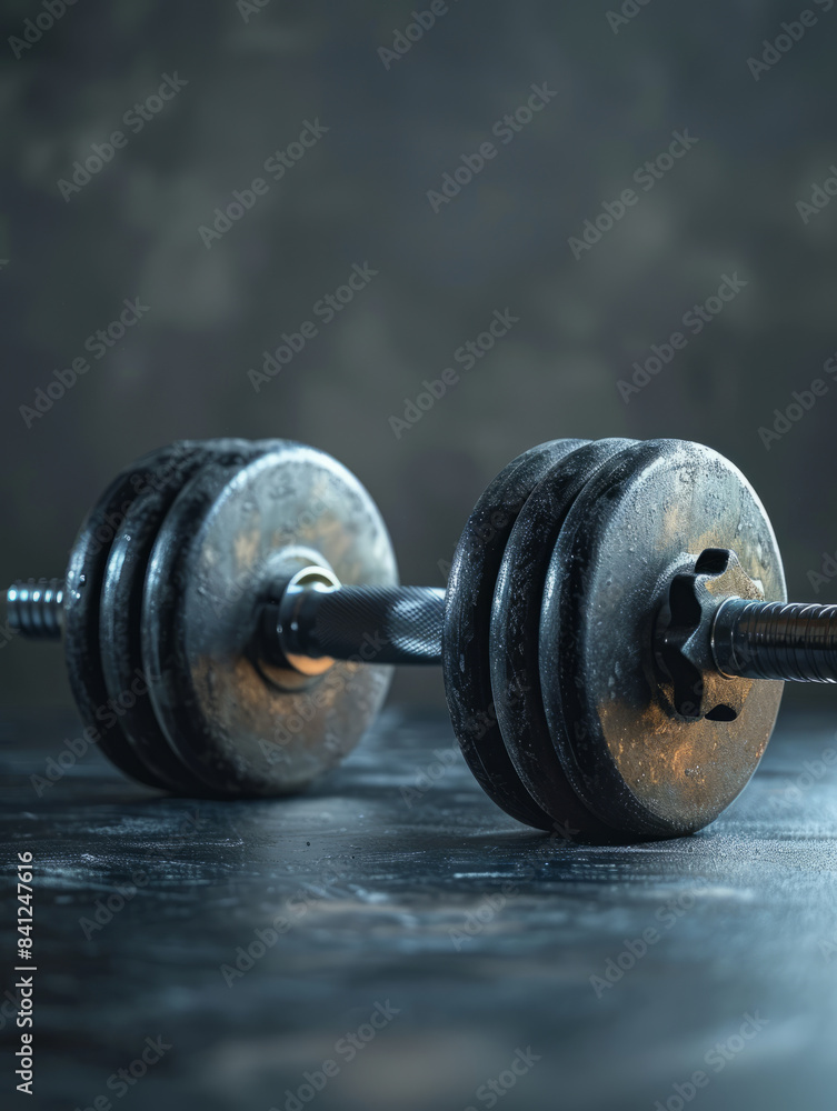 Rusty dumbbell on dark, textured surface. Rusty dumbbell on dark, textured surface.