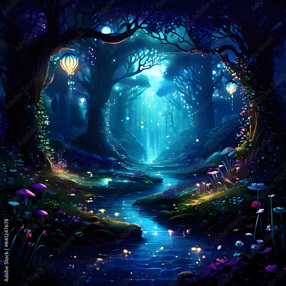 An enchanted forest at twilight, with bioluminescent plants, and mythical creatures An enchanted forest at twilight, with bioluminescent plants, and mythical creatures