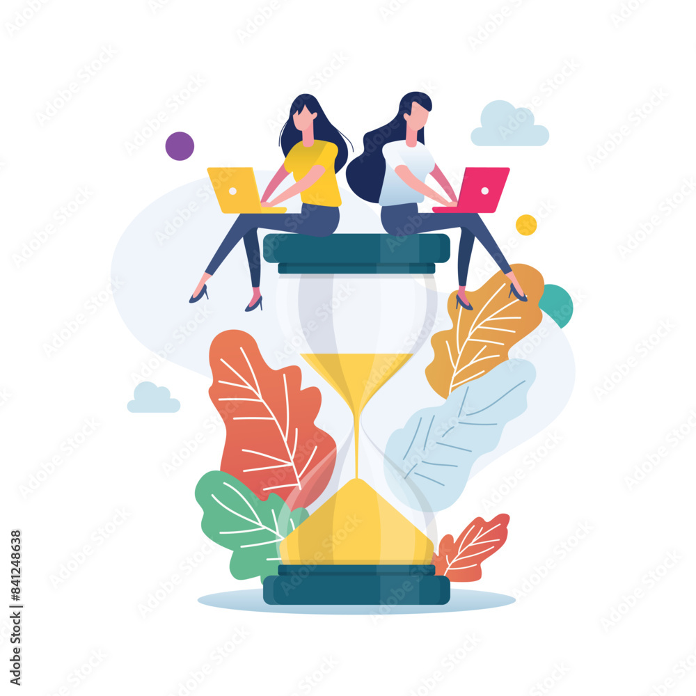 Two women sitting on an hourglass and working on laptop. Deadline and time management concept Two women sitting on an hourglass and working on laptop. Deadline and time management concept