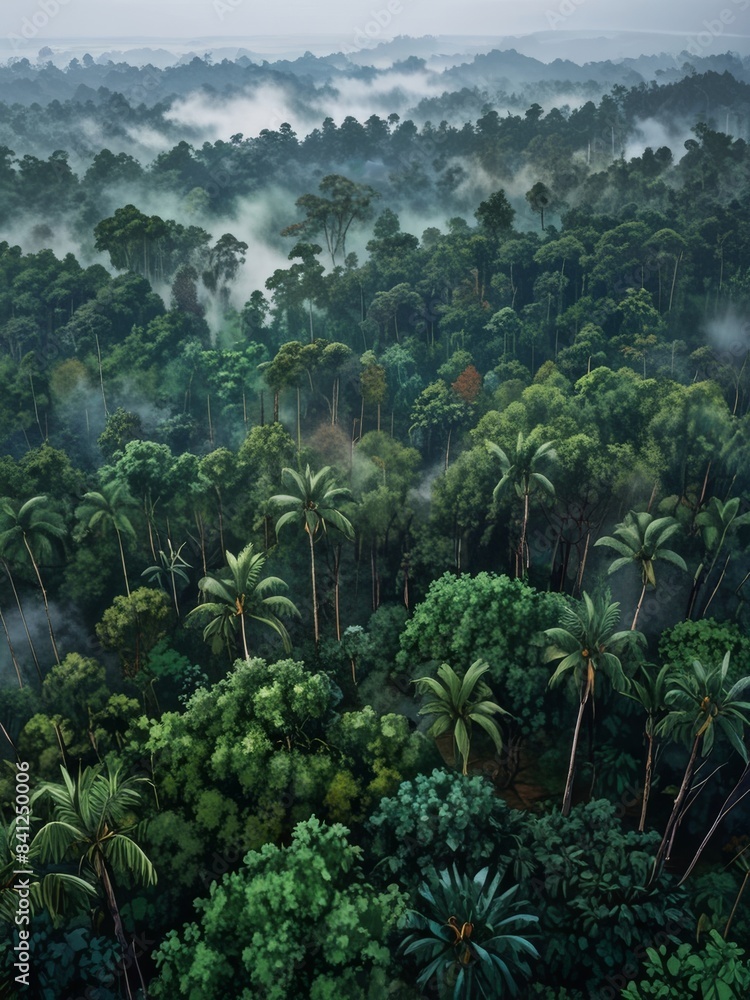 Fototapeta premium illustration of foggy rainy tropical forest