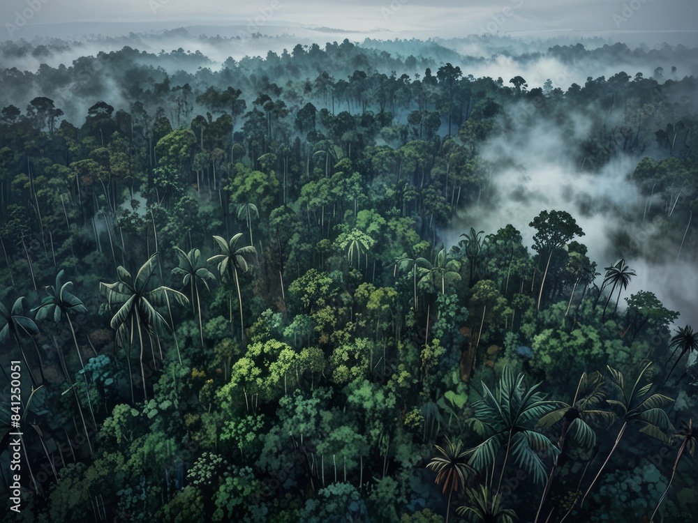 illustration of foggy rainy tropical forest illustration of foggy rainy tropical forest