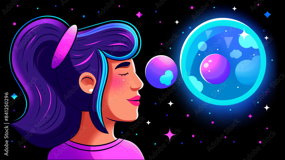 A woman is blowing bubbles in the sky. The bubbles are blue and purple A woman is blowing bubbles in the sky. The bubbles are blue and purple