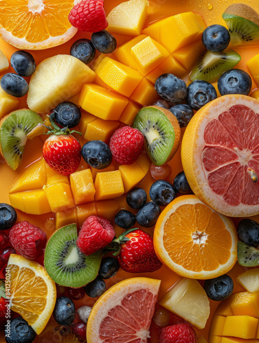 Assorted fresh fruit slices including oranges  mangoes  and berries.