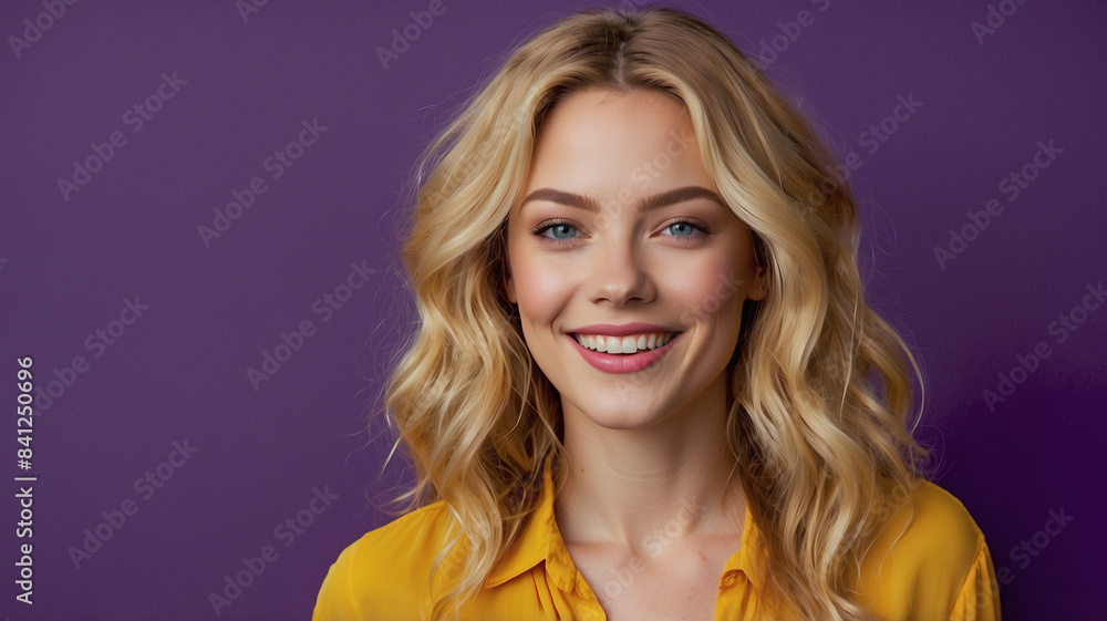 Fototapeta premium Portrait of a joyful young woman with wavy blonde hair, wearing a fashionable yellow blouse, looking thrilled against a vibrant purple background.