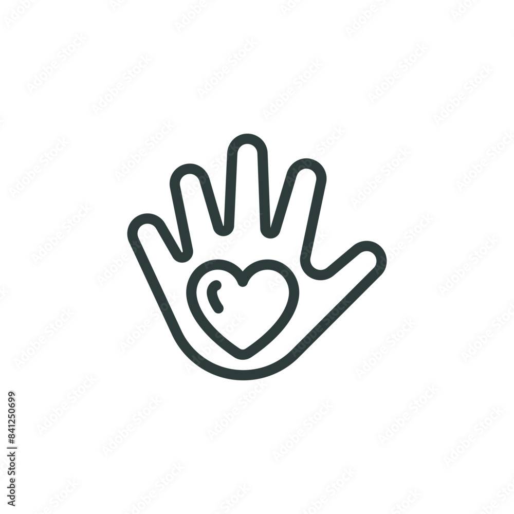 Thin Outline Icon Heart in the Palm, Hand Holding a Heart. Such Line Sign as Gesture Charity, Message Kindness and Compassion, Caring Hands, Donation or Healthcare. Vector Isolated Pictogram. Thin Outline Icon Heart in the Palm, Hand Holding a Heart. Such Line Sign as Gesture Charity, Message Kindness and Compassion, Caring Hands, Donation or Healthcare. Vector Isolated Pictogram.