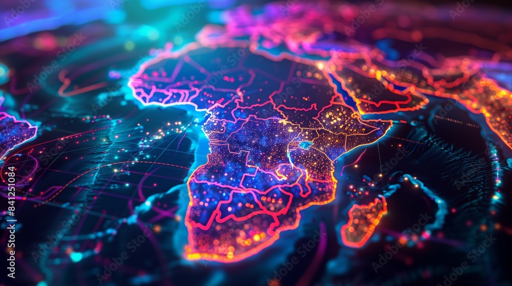 Futuristic Digital Map of Africa with Glowing Network Connections and Data Points Futuristic Digital Map of Africa with Glowing Network Connections and Data Points