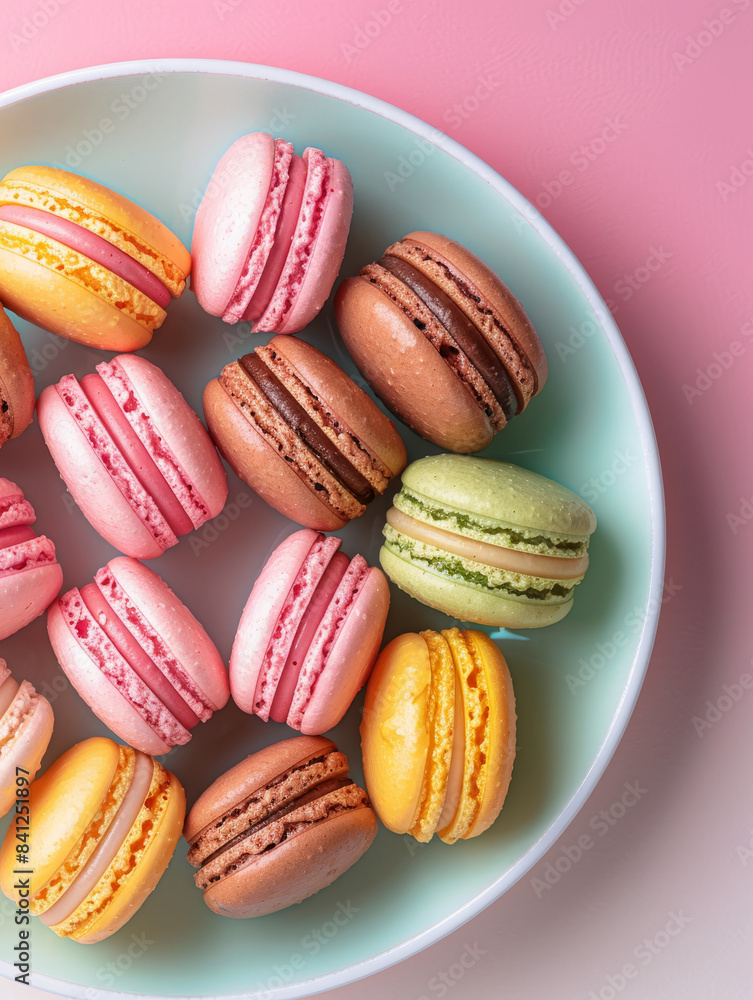 A bowl of colorful macarons against a pink background A bowl of colorful macarons against a pink background