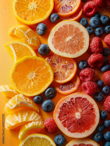 Sliced citrus fruits and berries on a bright orange background.