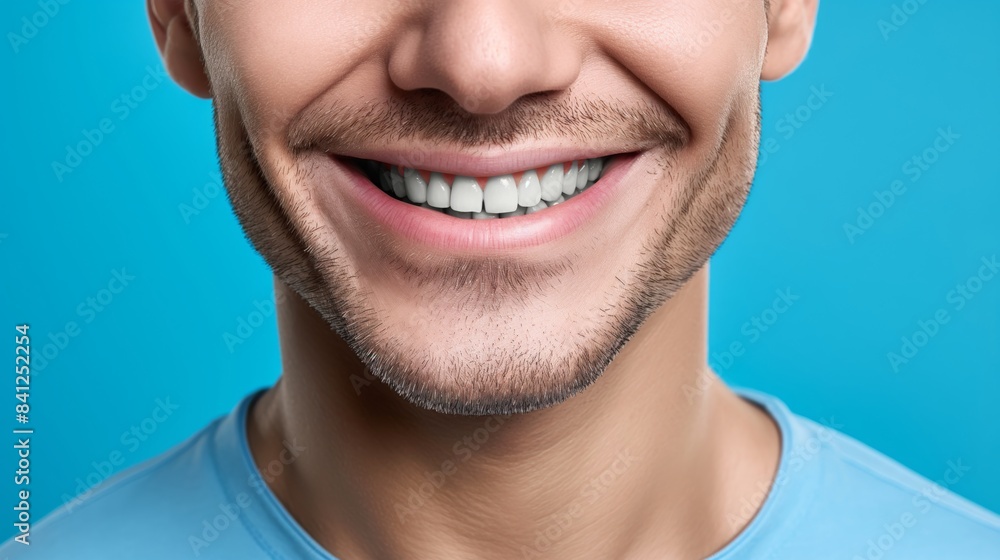Fototapeta premium Close-up of a man's smiling face with perfect white teeth and stubble on a blue background. Happy expression and dental health concept.
