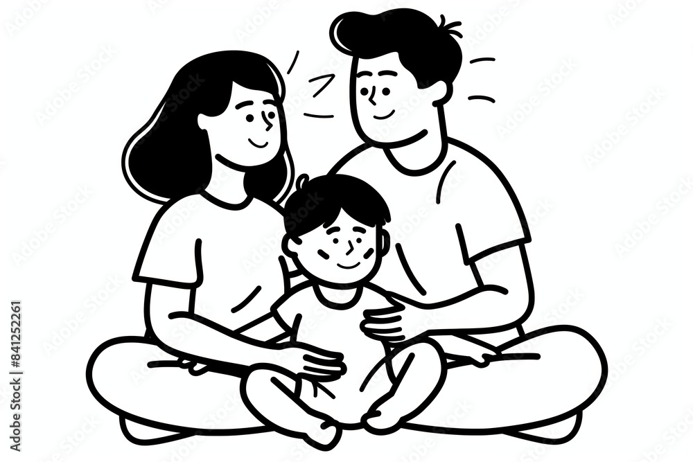 Happy family sitting together, black and white vector illustration. Smiling parents with child, joyful moment in a loving family. Happy family sitting together, black and white vector illustration. Smiling parents with child, joyful moment in a loving family.