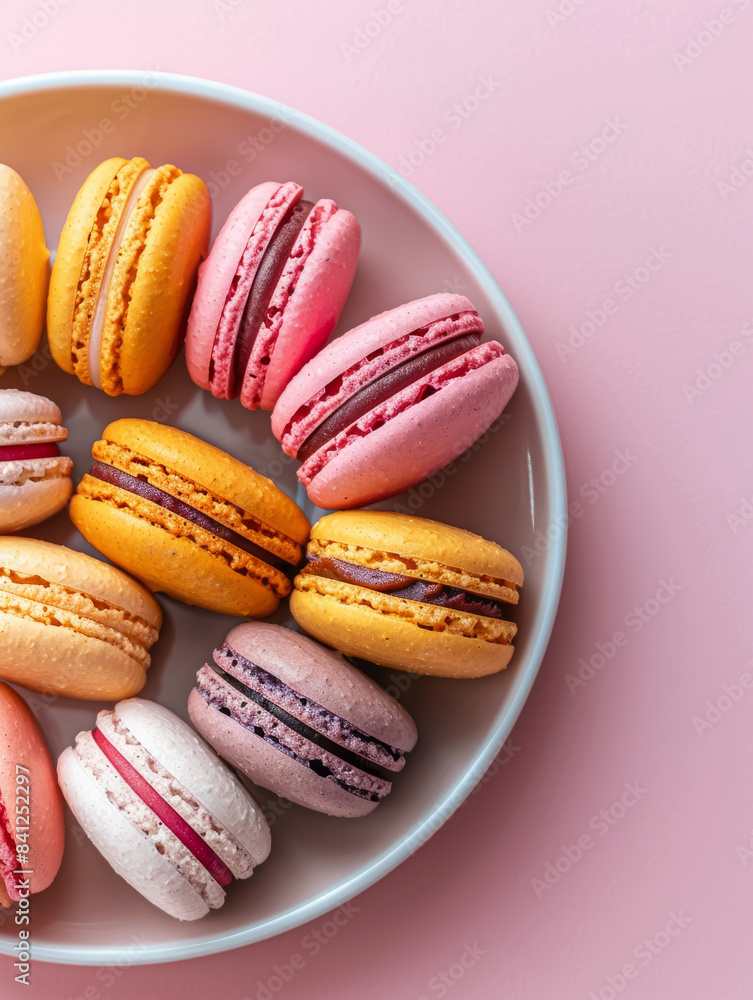 Colorful macarons arranged on a white plate on a pink background. Colorful macarons arranged on a white plate on a pink background.