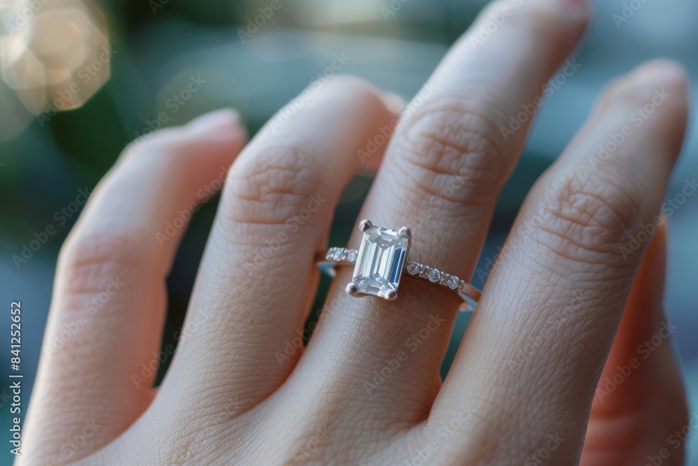 Finger wearing a luxury baguette and solitaire diamond band engagement ring, photography Finger wearing a luxury baguette and solitaire diamond band engagement ring, photography