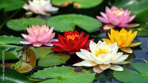 Colorful water lilies blooming in the pond