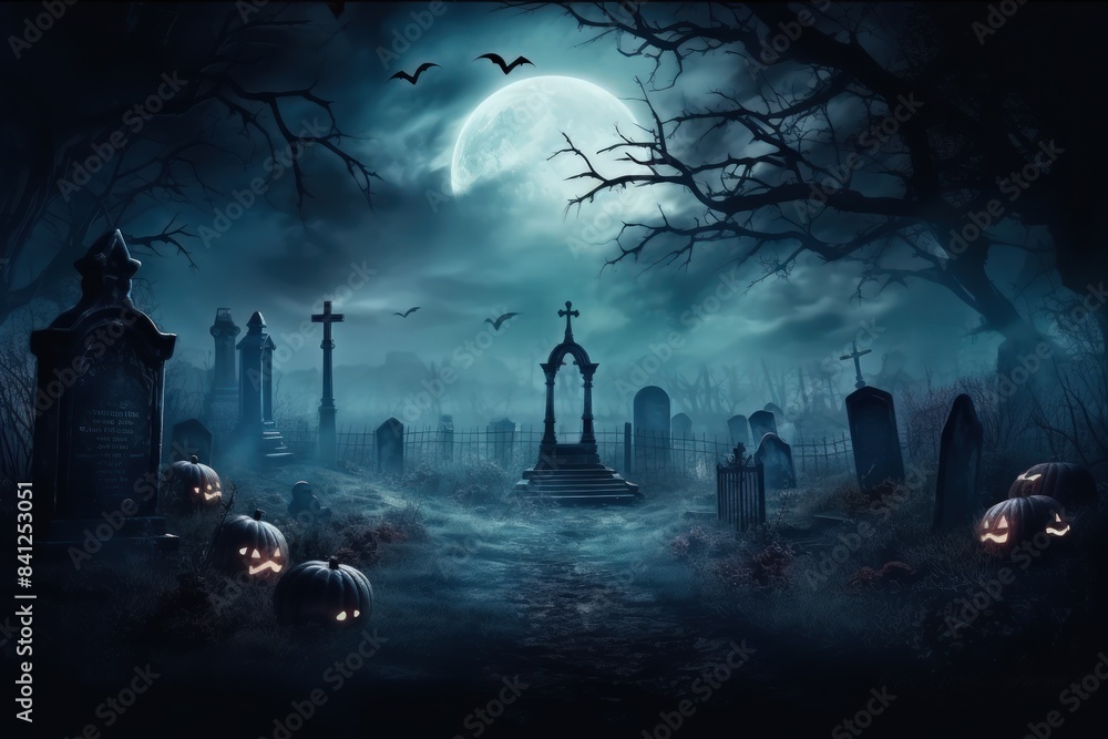 Halloween background - close-up of an old rickety tombstone in an abandoned cemetery in the fog. Spooky landscape for a Halloween greeting card. Halloween background - close-up of an old rickety tombstone in an abandoned cemetery in the fog. Spooky landscape for a Halloween greeting card.