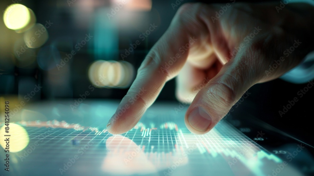 Fototapeta premium Close-up of hand interacting with modern touchscreen displaying data graph in a high-tech environment.