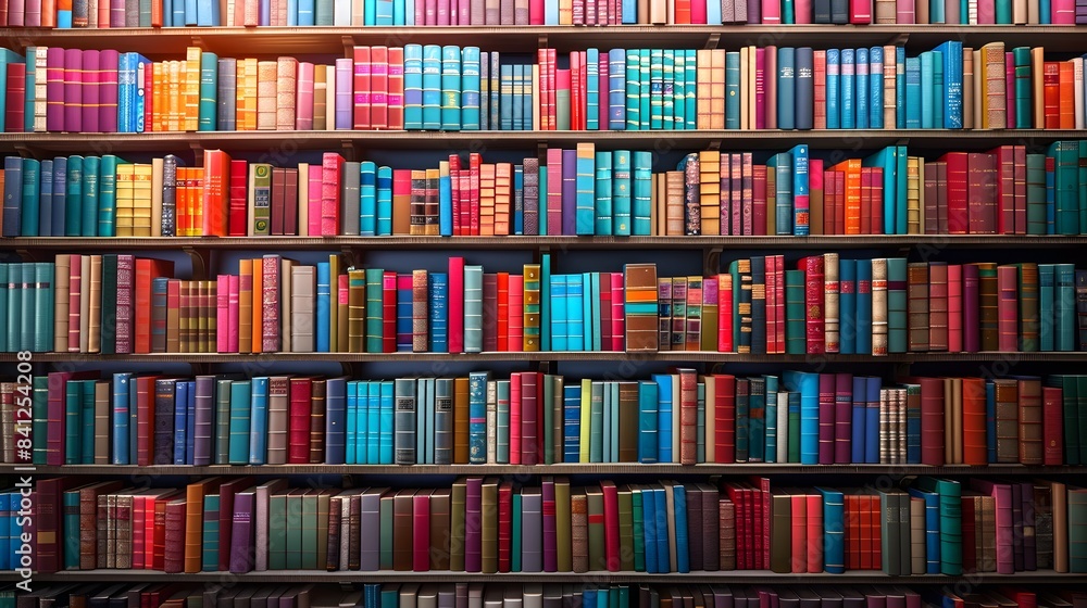 Magnificent Multilevel Bookshelf Brimming with Vibrant Book Spines Magnificent Multilevel Bookshelf Brimming with Vibrant Book Spines