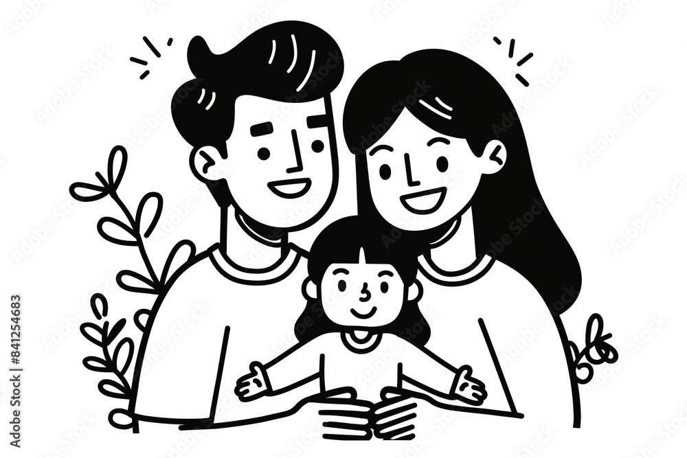 Illustration of a happy family, featuring a smiling father, mother, and child embracing each other with love and warmth. Illustration of a happy family, featuring a smiling father, mother, and child embracing each other with love and warmth.