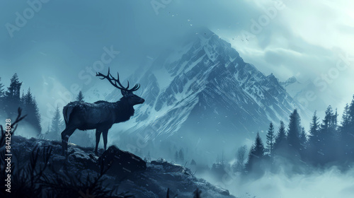 Stag silhouette with misty mountain range photo