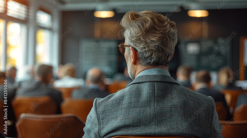 Fototapeta premium a 35-year man presenting to board members in a office, shot from behind, natural lighting