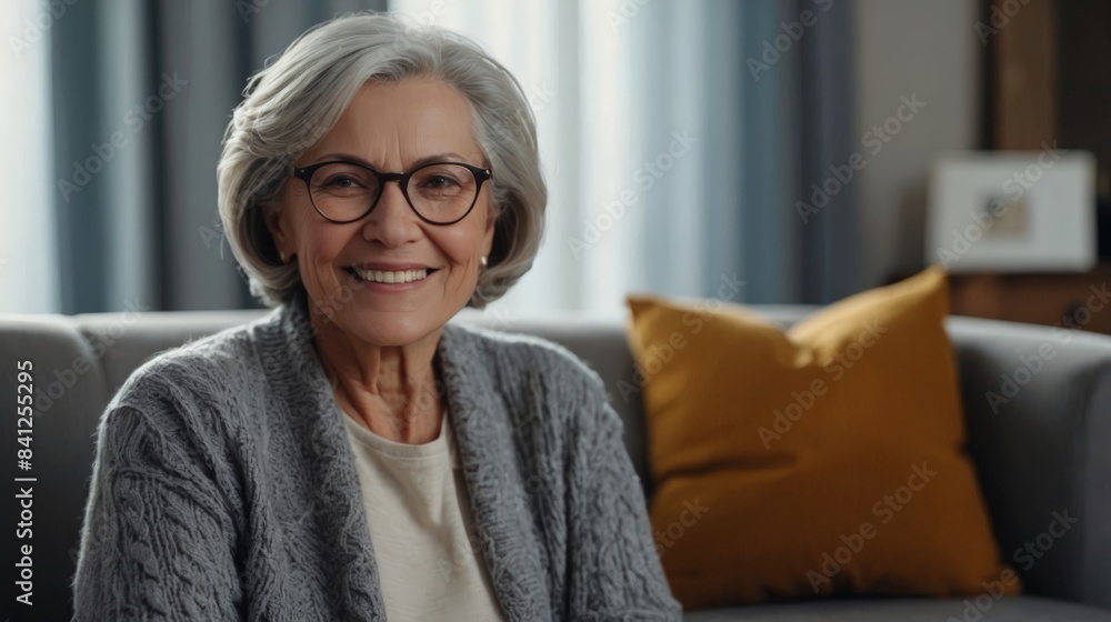 Smiling middle aged mature gray haired woman looking at camera, happy old lady in glasses posing at home indoor, positive single senior retired female sitting on sofa in living room headshot portrait Smiling middle aged mature gray haired woman looking at camera, happy old lady in glasses posing at home indoor, positive single senior retired female sitting on sofa in living room headshot portrait