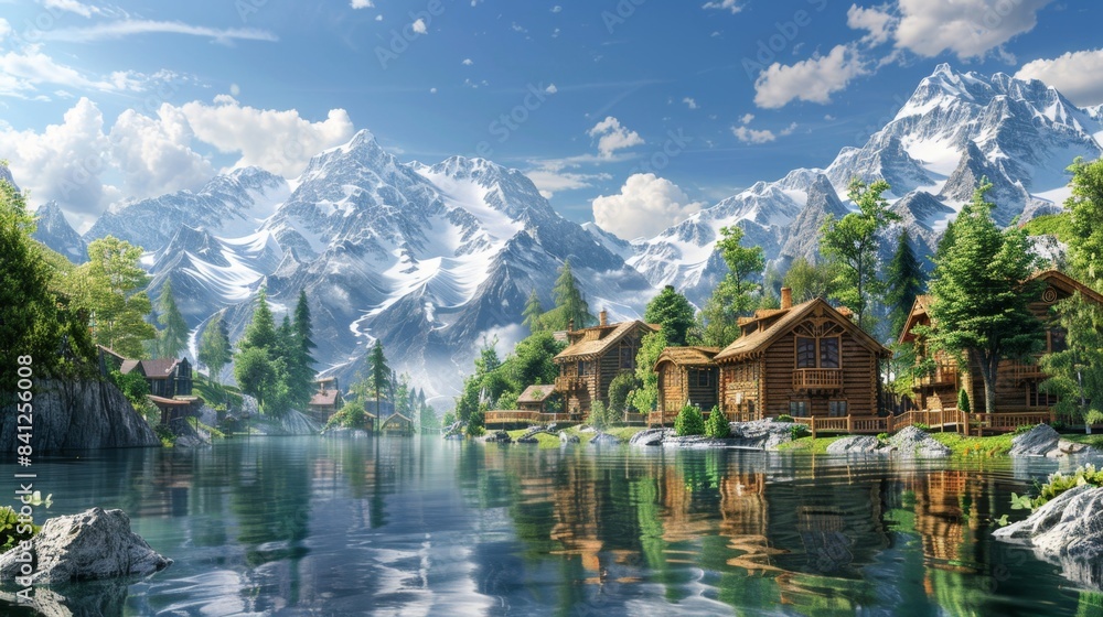 Idyllic mountain village beside a serene lake, surrounded by lush green trees and majestic snow-capped peaks under a clear blue sky. Idyllic mountain village beside a serene lake, surrounded by lush green trees and majestic snow-capped peaks under a clear blue sky.