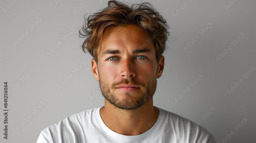Obraz premium A portrait of a young man with a neatly trimmed beard, wearing a simple white shirt, against a muted gray background. He looks directly at the camera with a calm and confident expression