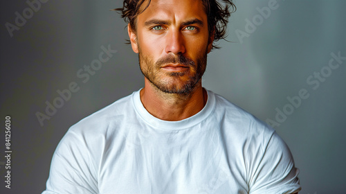 A close-up portrait of a man with brown hair and a beard, wearing a white t-shirt, looking directly at the camera with an intense gaze. The background is a plain gray wall