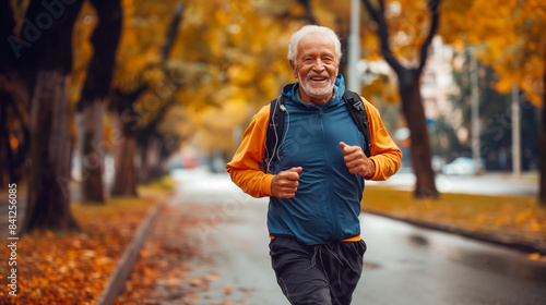 A senior man smiles as he jogs down a city street lined with fall foliage photo