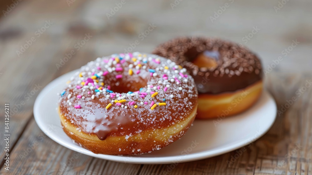 Glazed Donut and Chocolate Donut with Sugar Sprinkles on White Plate Glazed Donut and Chocolate Donut with Sugar Sprinkles on White Plate
