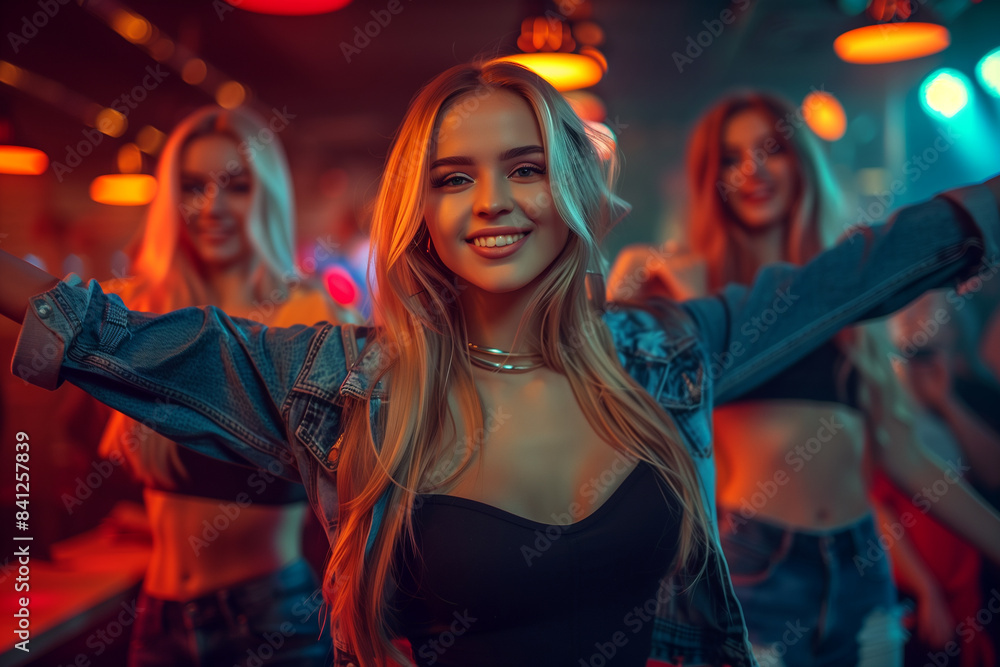 A group of three women are dancing and smiling in a club. Scene is fun and lively A group of three women are dancing and smiling in a club. Scene is fun and lively