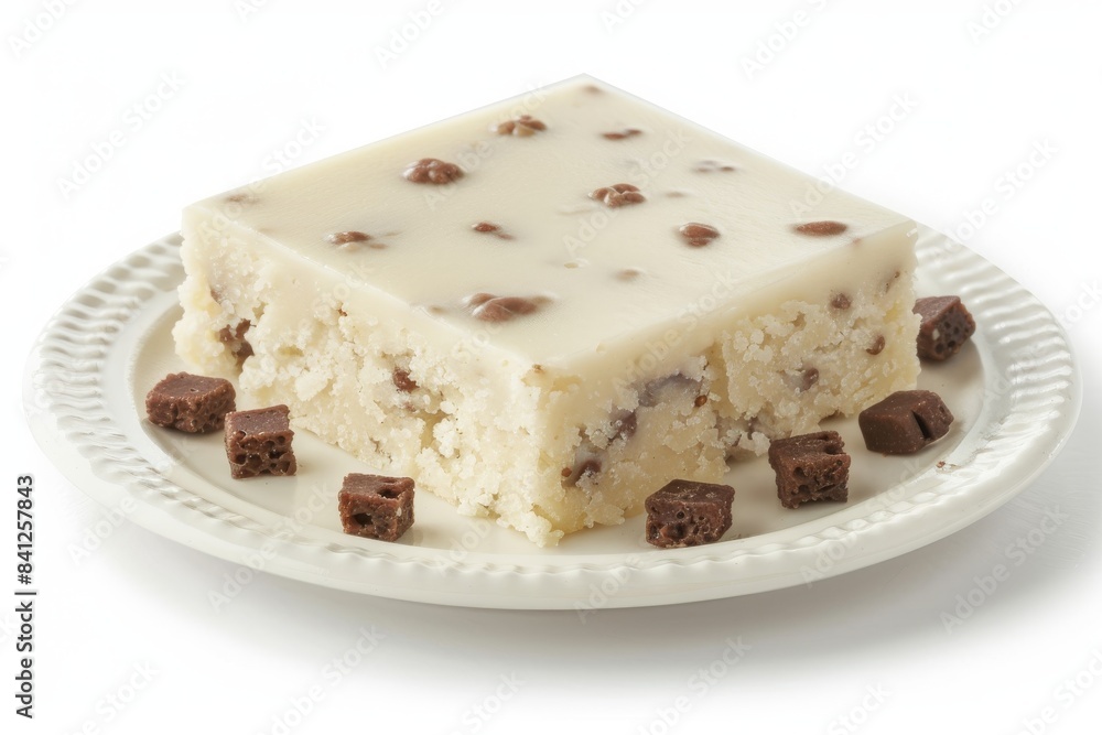 Creamy chocolate chip fudge with a smooth texture and rich flavor, presented on an elegant white plate Creamy chocolate chip fudge with a smooth texture and rich flavor, presented on an elegant white plate