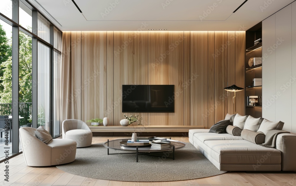 Stylish modern living room with natural wood panels, sleek furniture, and warm lighting. Stylish modern living room with natural wood panels, sleek furniture, and warm lighting.