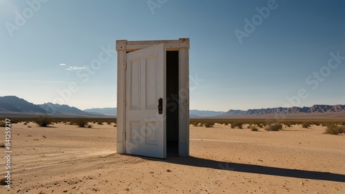 Big Opened white door in middle of desert, copy space