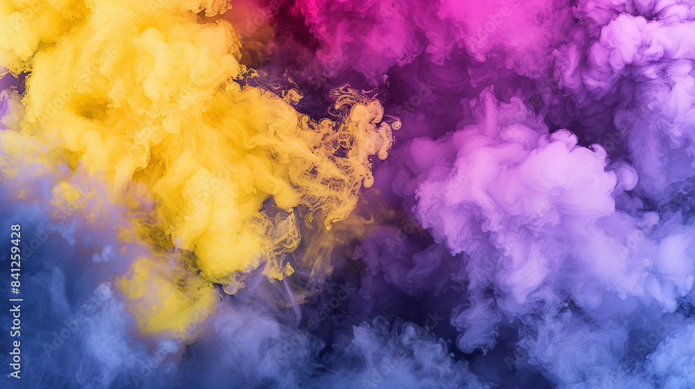 Fototapeta premium Eye-catching abstract background showcasing vibrant acid yellow and magenta colors intertwined with whimsical smoky clouds.