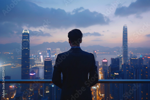 a man standing on a balcony looking out at a city