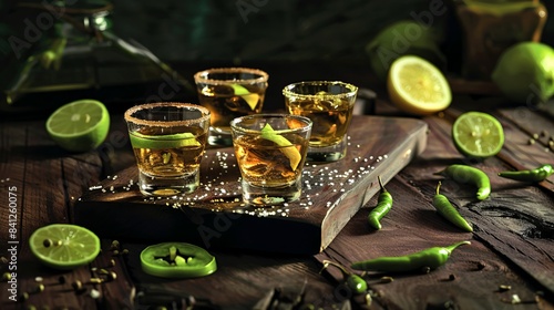 Set of tequila shots with lime wedges on wooden surface. Rustic style beverage photo for bar and party themes. Refreshing cocktail scene with green limes  chillis  and natural wooden table. AI