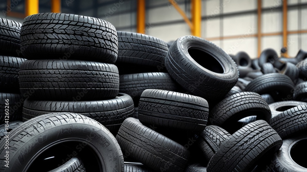 Piles of car tires in factory storage area. Concept Industrial Waste Management Piles of car tires in factory storage area. Concept Industrial Waste Management