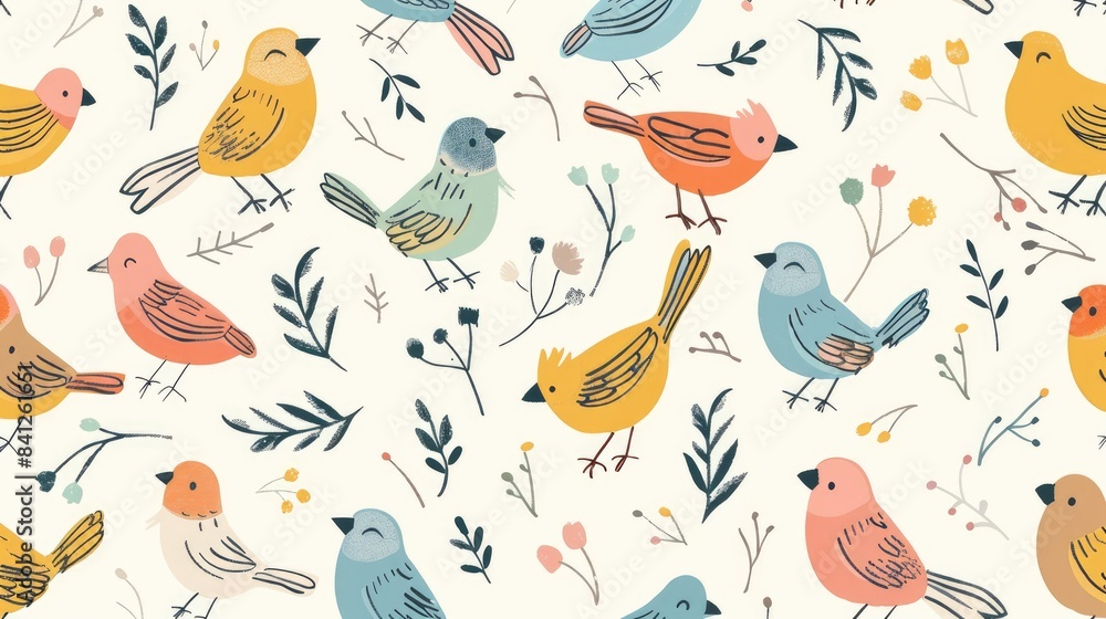 Obraz premium Adorable doodle birds pattern perfect for backgrounds wallpapers and fabric designs