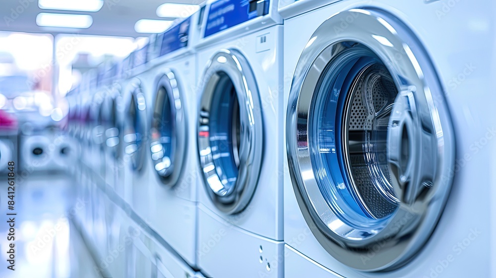 A colorful array of washing machines lined up, each with a different load spinning inside, creating a symphony of cleanliness in this busy laundromat. A colorful array of washing machines lined up, each with a different load spinning inside, creating a symphony of cleanliness in this busy laundromat.