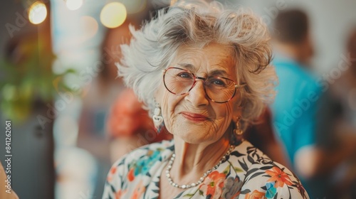 An elderly woman in a floral blouse smiles while attending a social event