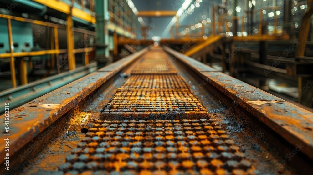 Rusty industrial rail track in a factory with a glowing background. Rusty industrial rail track in a factory with a glowing background.