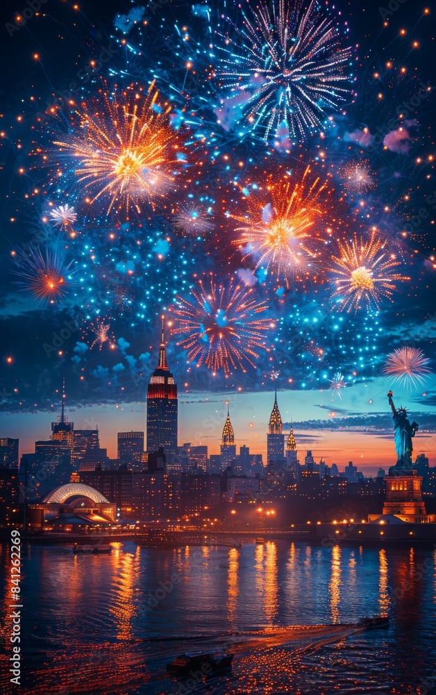 Fireworks New York with the Statue of Liberty in the 
