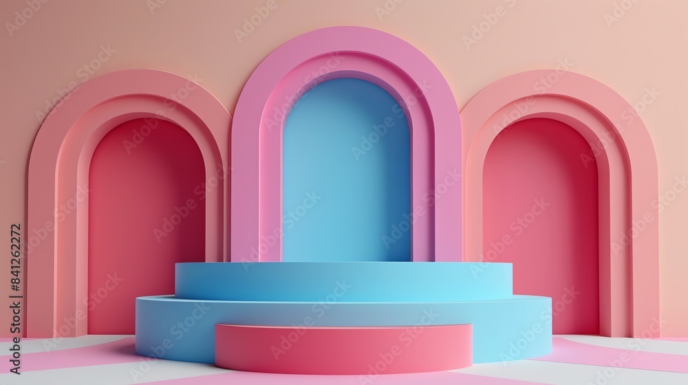 Abstract geometric podium with colorful arches in pastel colors. perfect for background, product display, or promotional graphics. Abstract geometric podium with colorful arches in pastel colors. perfect for background, product display, or promotional graphics.