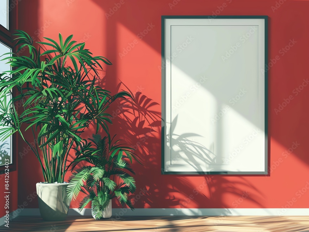 Bright living room with red walls, large indoor plants, and an empty framed canvas ready for customization. Natural light and minimalist design. Bright living room with red walls, large indoor plants, and an empty framed canvas ready for customization. Natural light and minimalist design.