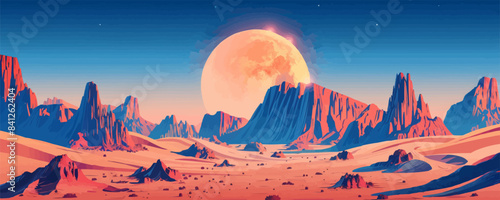 A surreal desert landscape with towering rock formations, sand dunes, and a blazing sun overhead. Vector flat minimalistic isolated illustration.