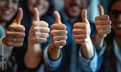 Thumbs up. Business people in office with gesture for thank you, support and collaboration