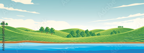 vector illustration of a lake view in a hilly agricultural area
