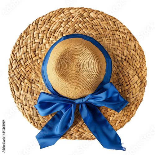 Top view of a stylish straw hat with a blue ribbon, ideal for summer fashion, outdoor activities, or beachwear. photo